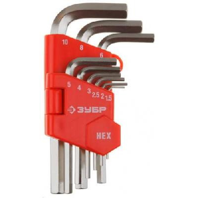 Набор ЗУБР Ключи "МАСТЕР" имбусовые короткие, Cr-V, сатинированное покрытие, пластик. держатель, HEX 1, 5-10мм, 9 пред - фото 1 - id-p42780300
