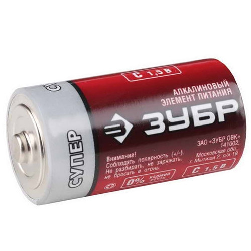 Батарейка Зубр "СУПЕР" щелочная (алкалиновая), тип D, 1, 5В, 2шт на карточке