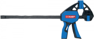 Струбцина ЗУБР"ЭКСПЕРТ"ручная пистолетная, корпус нейлон, армир фиберглассом, двухкомп ручки, метал рейка, 150/335мм, 150кгс