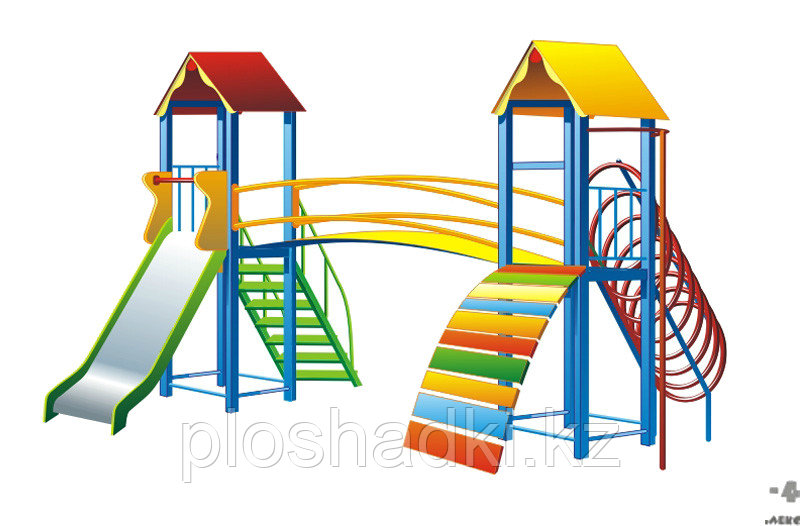 Детский городок, с горкой, лазом, лестницей, домики с крышей