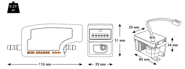 Устройство и размеры дренажная помпа Aspen: Mini Orange