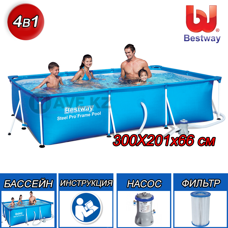 Каркасный бассейн Bestway 56411, Steel Pro Frame Pool, размер 300x200x66 см, с фильтром