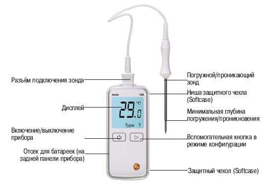 Термометр  пищевой  водонепроницаемый , в комплекте с проникающим зондом (тип Т),Testo 108-2