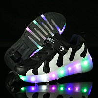 Кроссовки на роликах с подсветкой, черно-белые волны, фото 1