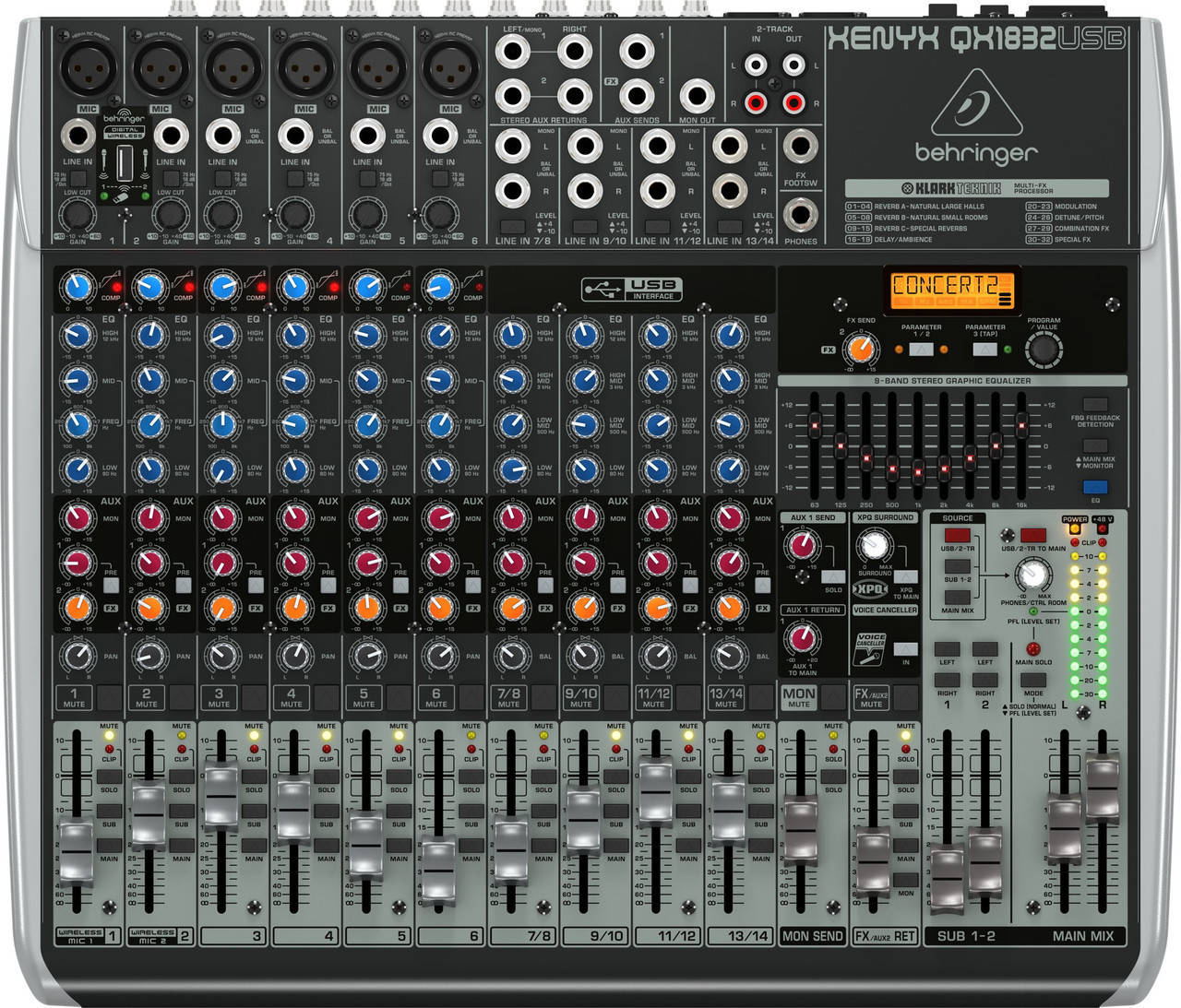 Behringer QX1832USB - микшер, 18 каналов, USB/аудио интерфейс, мик предусил и компр, 9 EQ, Multi FX