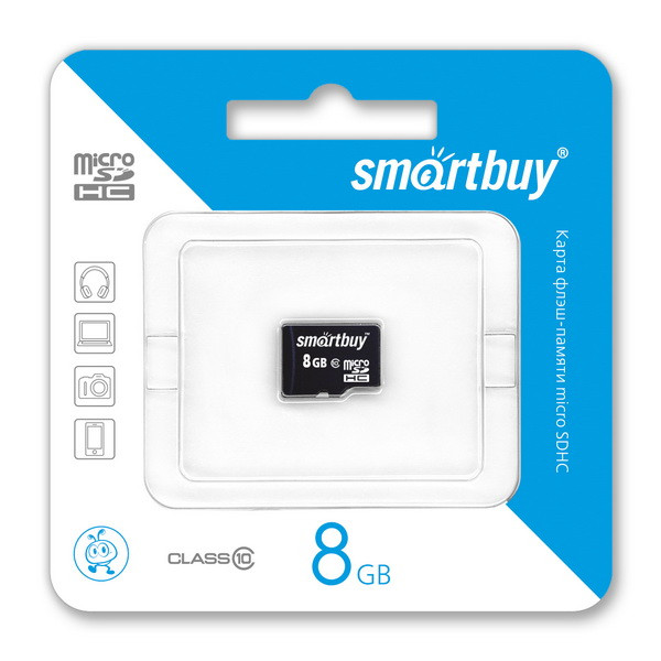 Карта памяти microSD 8 Gb, Smartbuy, Class 10