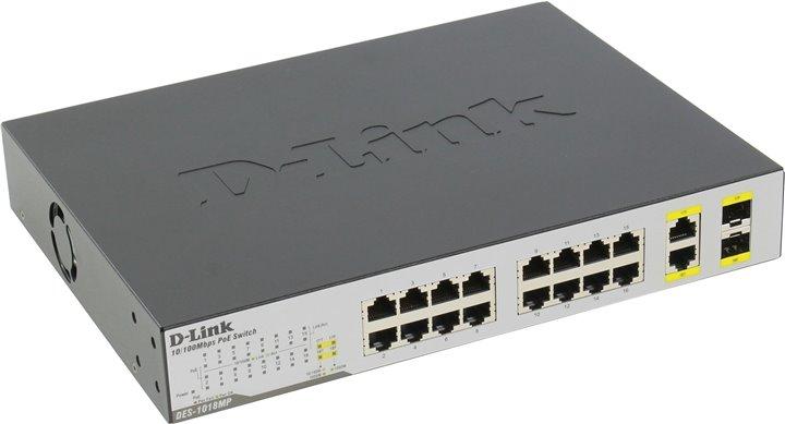 D-LinkКоммутаторDES-1018MP/A1AНеуправляемый коммутатор с 16 портами 10/100BASE-TX, 2 комбо-портами