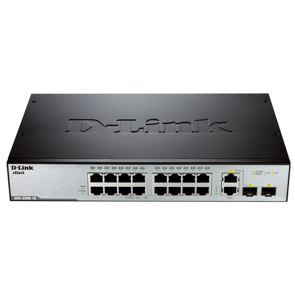 Управляемый коммутатор D-Link 2 уровня с 16 портами 10/100BASE-T + 2 комбо-портами 1000Base-T/SFP