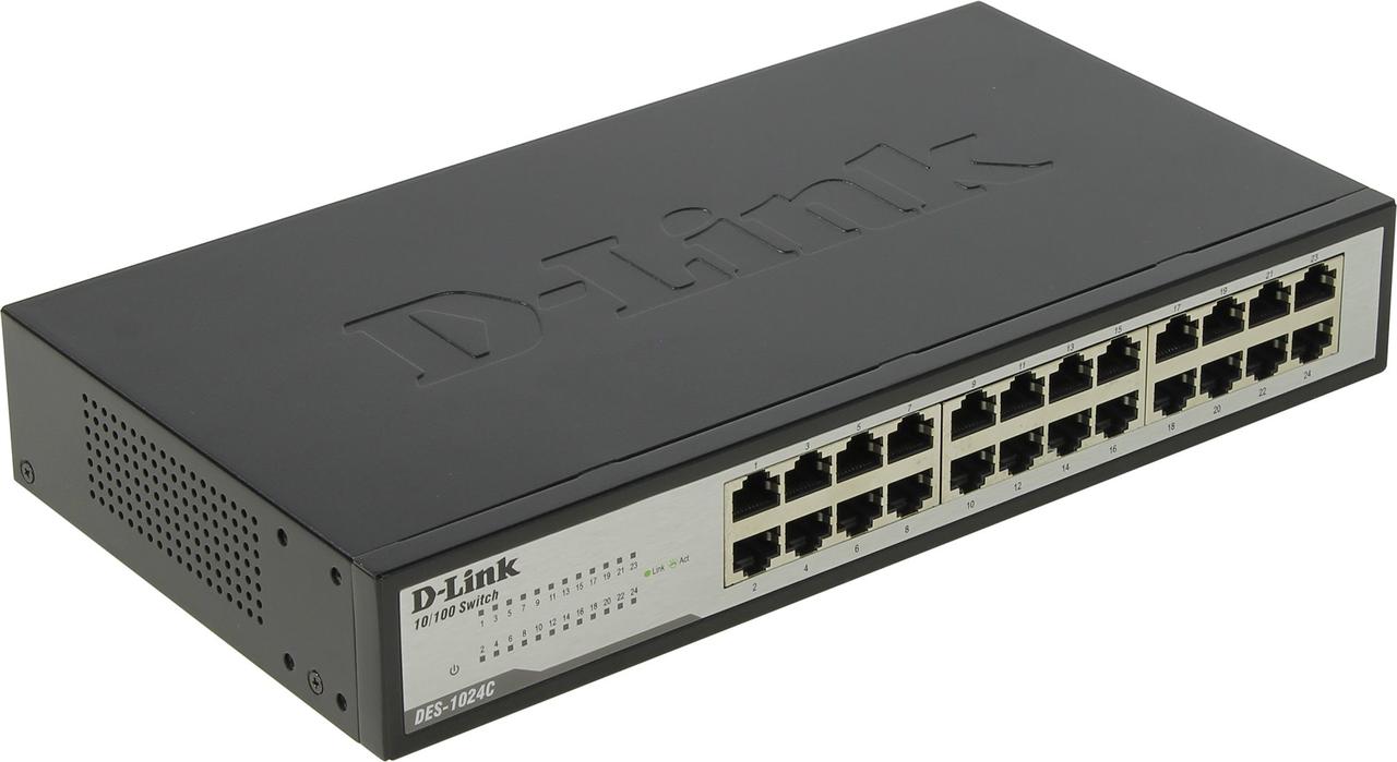 Коммутатор, D-Link, DES-1024C, 19-дюймовый стоечный, 24 порта 10/100M RJ45, Корпус металл, 1U