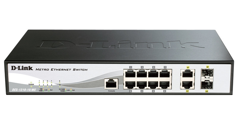 Коммутатор, D-Link, DES-1210-10/ME, 8 портов 10/100M RJ45+2 порта SFP, Управляемый, Корпус металл, 1U