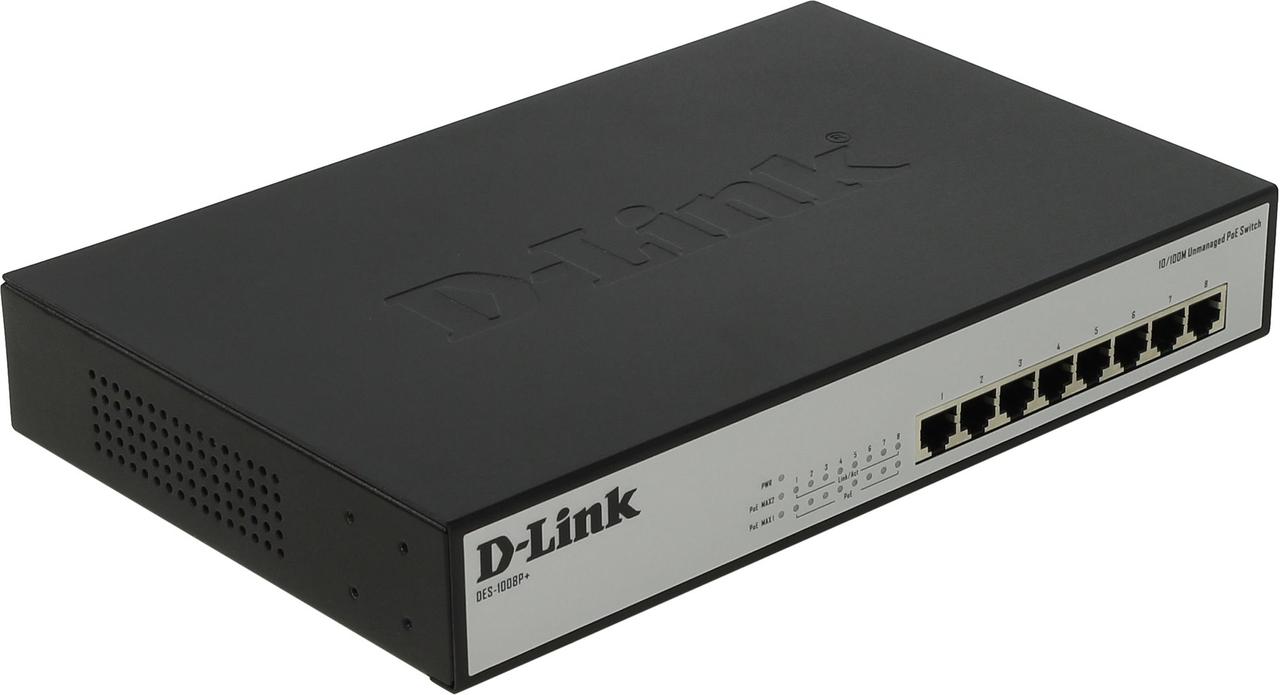 Коммутатор, D-Link, DES-1008P+, Настольный, 8 портов 10/100M RJ45, Корпус металл, PoE