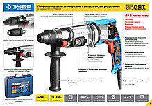 Перфоратор SDS-plus, ЗУБР Профессионал ЗП-32-1100 К, реверс, горизонтальный, металлич редуктор, 3.4 Дж, 0-920, фото 3