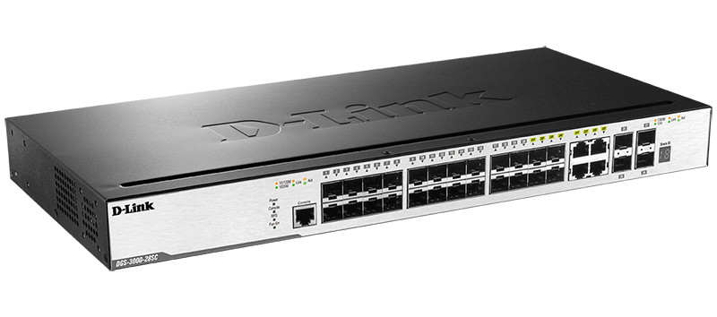 D-link DGS-3000-28SC коммутатор управляемый L2 стекируемый, 20x100/1000Base-X SFP, 4xCombo, 4x10GBase-X SFP+