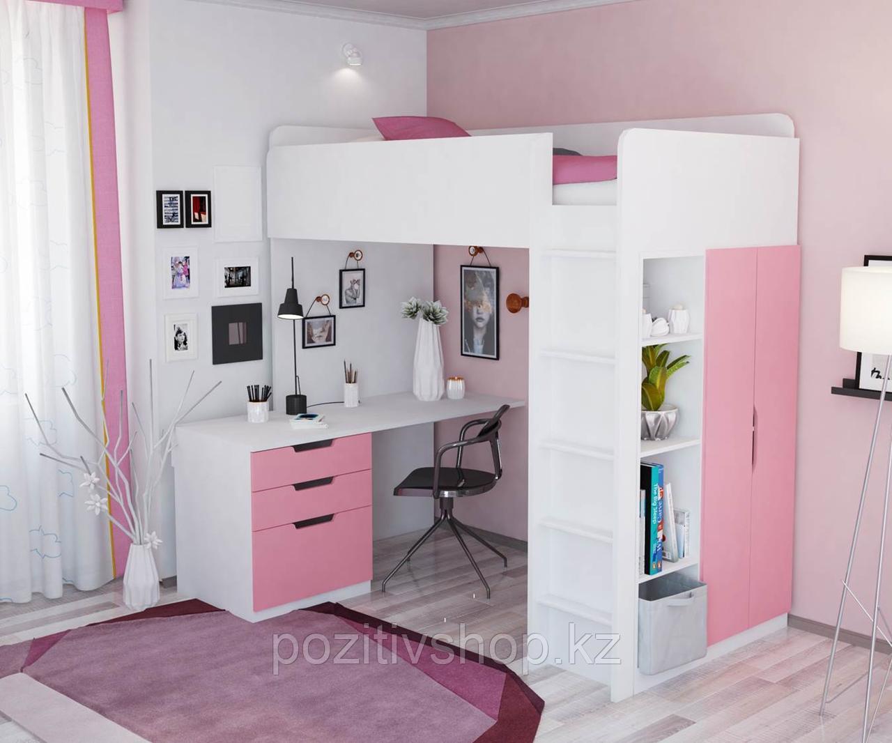 Кровать-чердак Polini Simple с письменным столом и шкафом, белый-розовый - фото 2 - id-p46076869