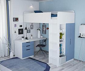 Кровать-чердак Polini Simple с письменным столом и шкафом, белый-голубой