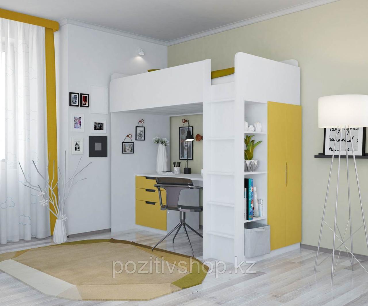 Кровать-чердак Polini Simple с письменным столом и шкафом, белый-желтый - фото 2 - id-p46076876