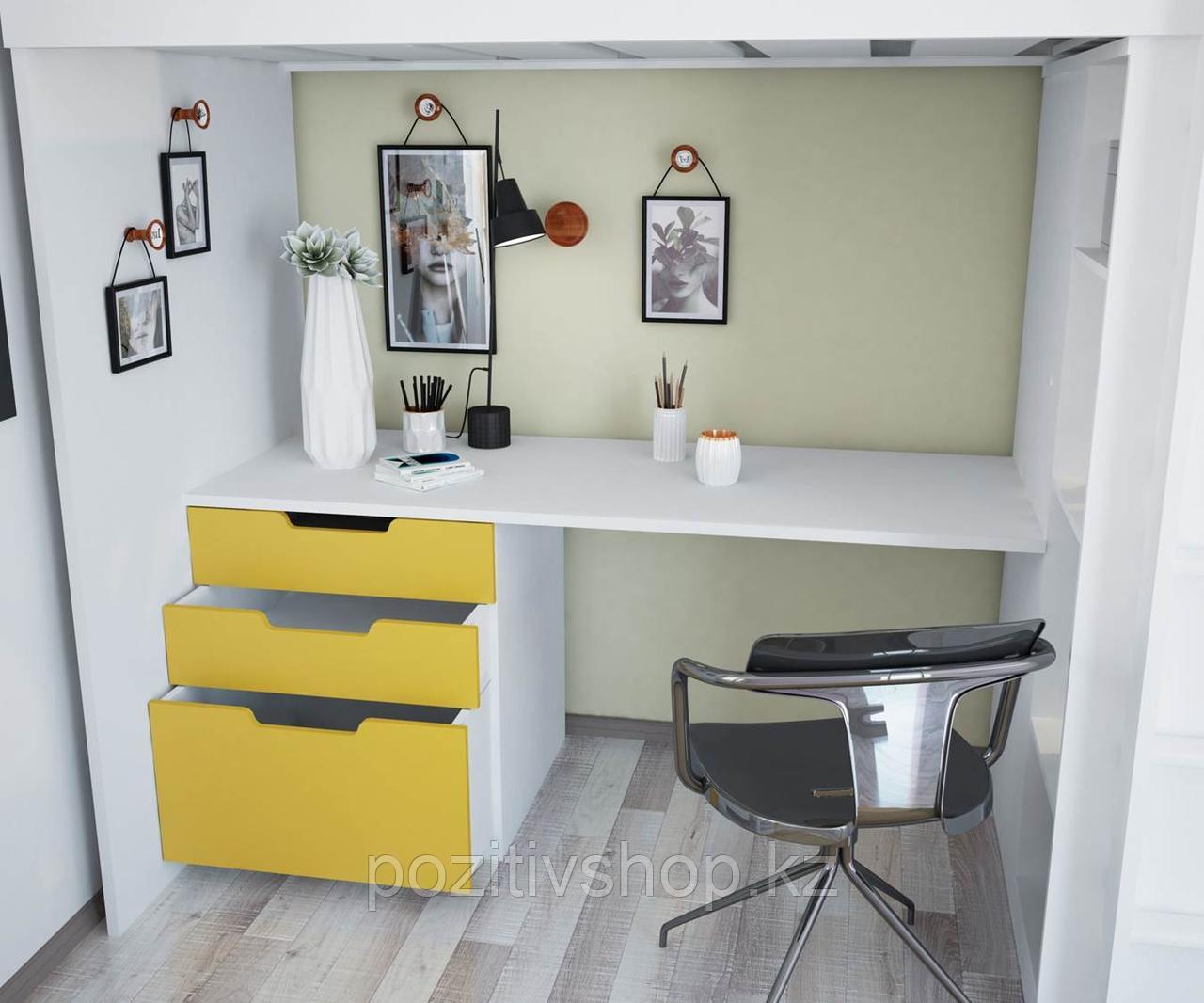 Кровать-чердак Polini Simple с письменным столом и шкафом, белый-желтый - фото 3 - id-p46076876