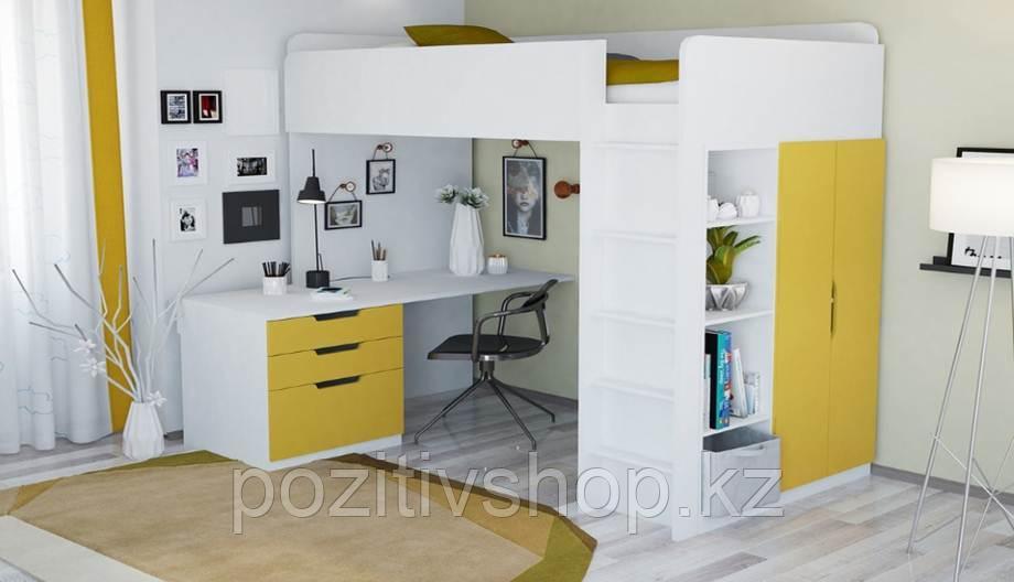 Кровать-чердак Polini Simple с письменным столом и шкафом, белый-желтый - фото 4 - id-p46076876