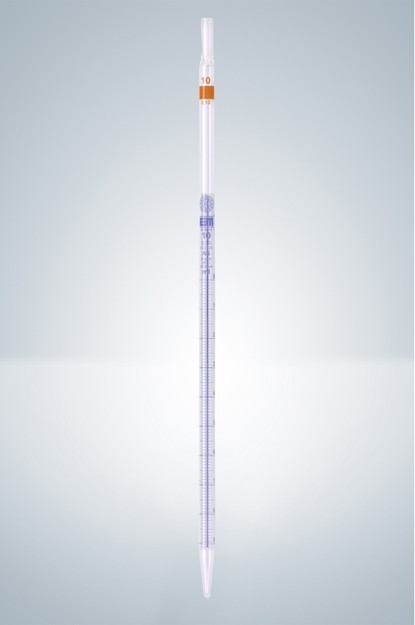 Пипетка градуированная Hirschmann 25 : 0.1 мл класс AS, светлое стекло, синяя градуировка, с линией Шеллбаха, тип 3 - фото 1 - id-p46135587