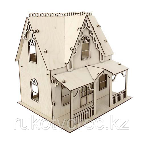 L-650 Деревянная заготовка домик кукольный с верандой 2х этажный 34*30*34 см, Астра, фото 1