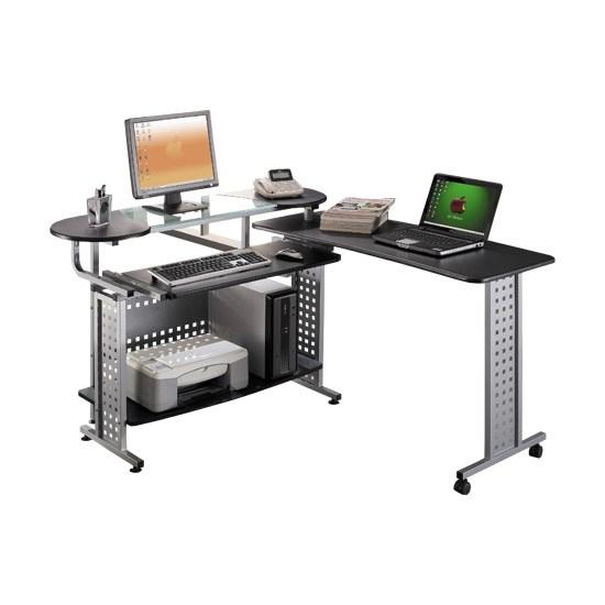 Компьютерный стол, Deluxe, DLFT-3351СT Comfort, МДФ+Стекло, 200*86.5*65 см, Чёрный Графит, Полки для