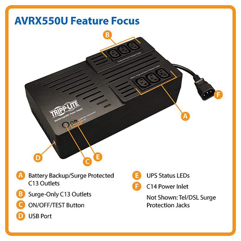 Сверхкомпактный линейно-интерактивный ИБП Tripp Lite серии AVR мощностью 550 ВА, AVRX550U