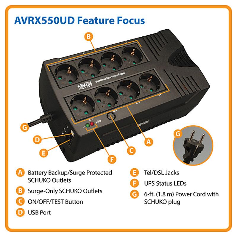 Сверхкомпактный линейно-интерактивный ИБП Tripp Lite серии AVR мощностью 550 ВА / 300 Вт, AVRX550UD