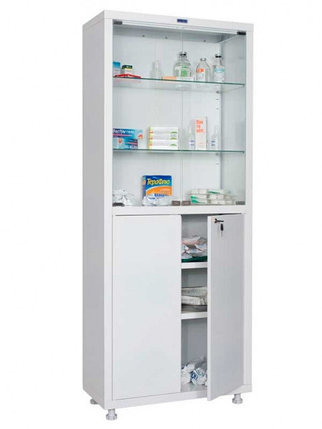 Шкаф двустворчатый медицинский MD 2 1670/SG, 2 мет., 2 стек. двери, 2 стек. и 2 мет. полки, фото 2