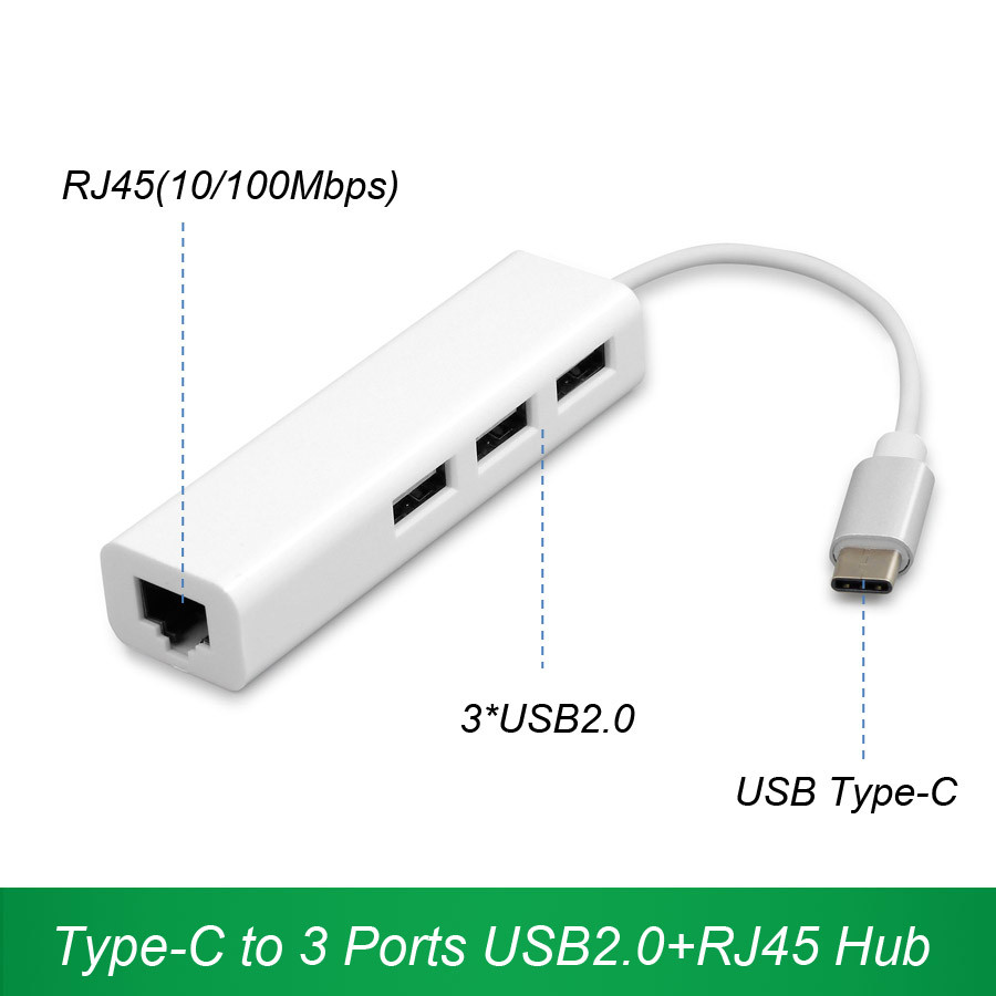 Конвертер USB 3.1(m) Type C на LAN/USB 2.0 HUB 3 port - фото 1 - id-p46850745