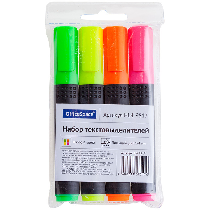 Набор текстовыделителей OfficeSpace 4цв., 1-4мм, ПВХ уп., европодвес