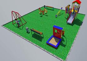 Дворовые площадки, качеля, песочница, горка с лестницей, качеля балансир, скамейки, урны