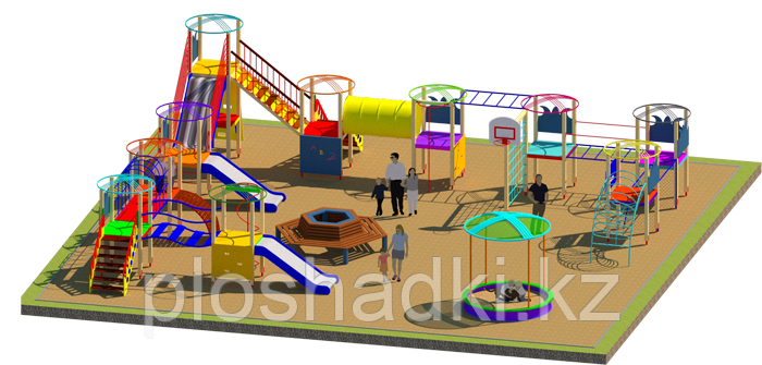Площадка детская, песочница, детский городок с качелями горками рукоходами, скамейка, урны