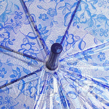 Прозрачный женский зонт-трость полуавтомат с кружевным принтом, голубой - фото 3 - id-p47626762