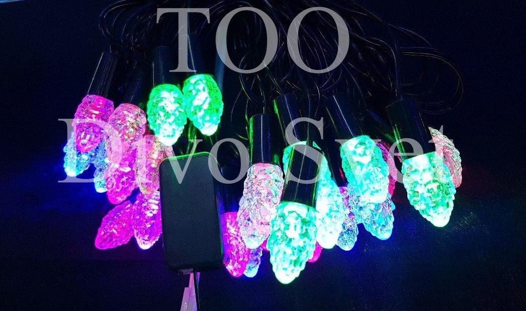 Led гирлянда " Нить декор Шишки" 8 м, черный провод, переливаются,Цветные, Синие, Зеленые.