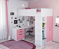 Кровать-чердак Polini Simple с письменным столом и шкафом, белый-роза.