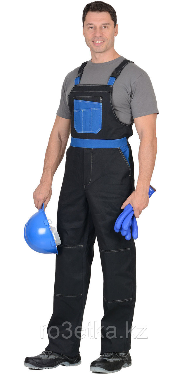 Спецодежда летняя Полукомбинезон "ГРАНД" чёрный с васильковым (саржа,100%-х/б)