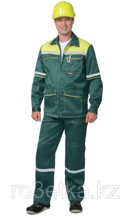 Спецодежда летняя Костюм "МЕХАНИК": куртка, брюки зелёный с жёлтым и СОП 25 мм. тк.CROWN-230