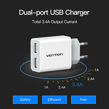 Адаптер Евровилка 220V на 2хUSB, (2.4А+1A)/5V Vention