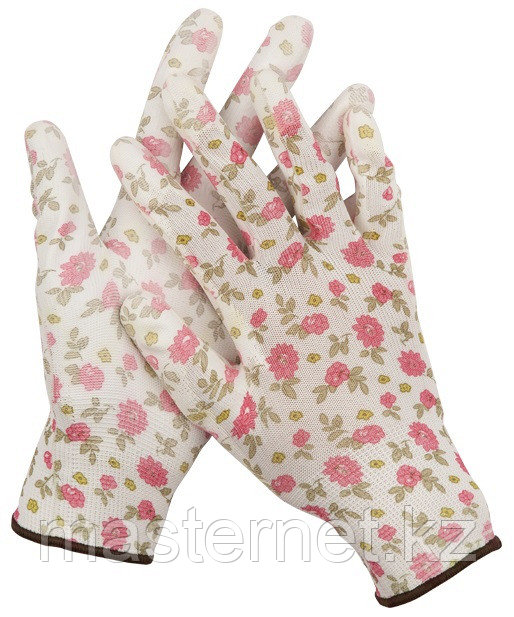 Перчатки GRINDA садовые, прозрачное PU покрытие, 13 класс вязки, бело-розовые, размер L - фото 1 - id-p44068256