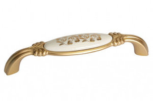 Мебельная ручка, замак, размер посадки 128мм, отделка золото матовое "Милан" + керамика
