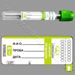 Пробирка вакуумная с Li-гепарином (для исследования плазмы), зеленая крышка 6 мл, 13х100 мм - фото 1 - id-p49035831