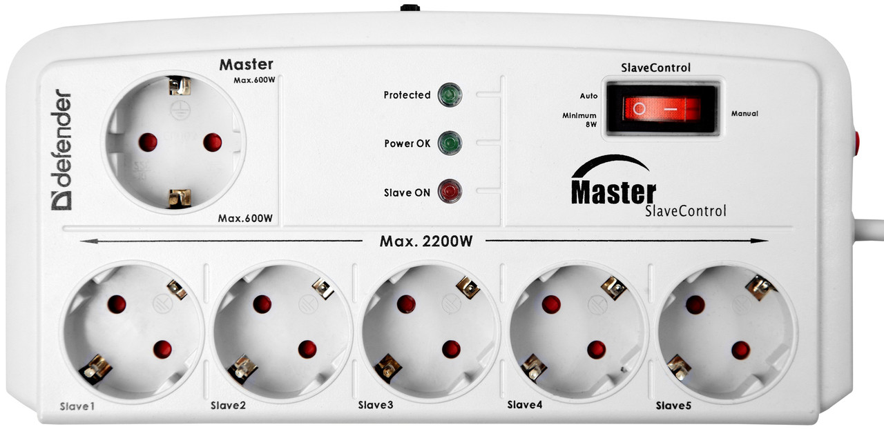 Сетевой фильтр Defender DFS 801 Master/Slave - 2,0 М, 6 розеток, серый (управление электропитанием)