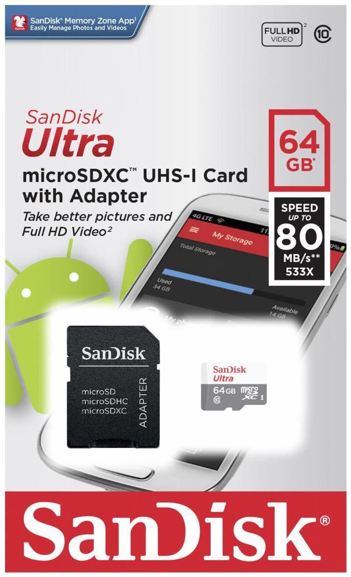 Карта памяти MicroSD 64GB Class 10 U1 SanDisk SDSQUNS-064G-GN3MA - фото 1 - id-p49101990