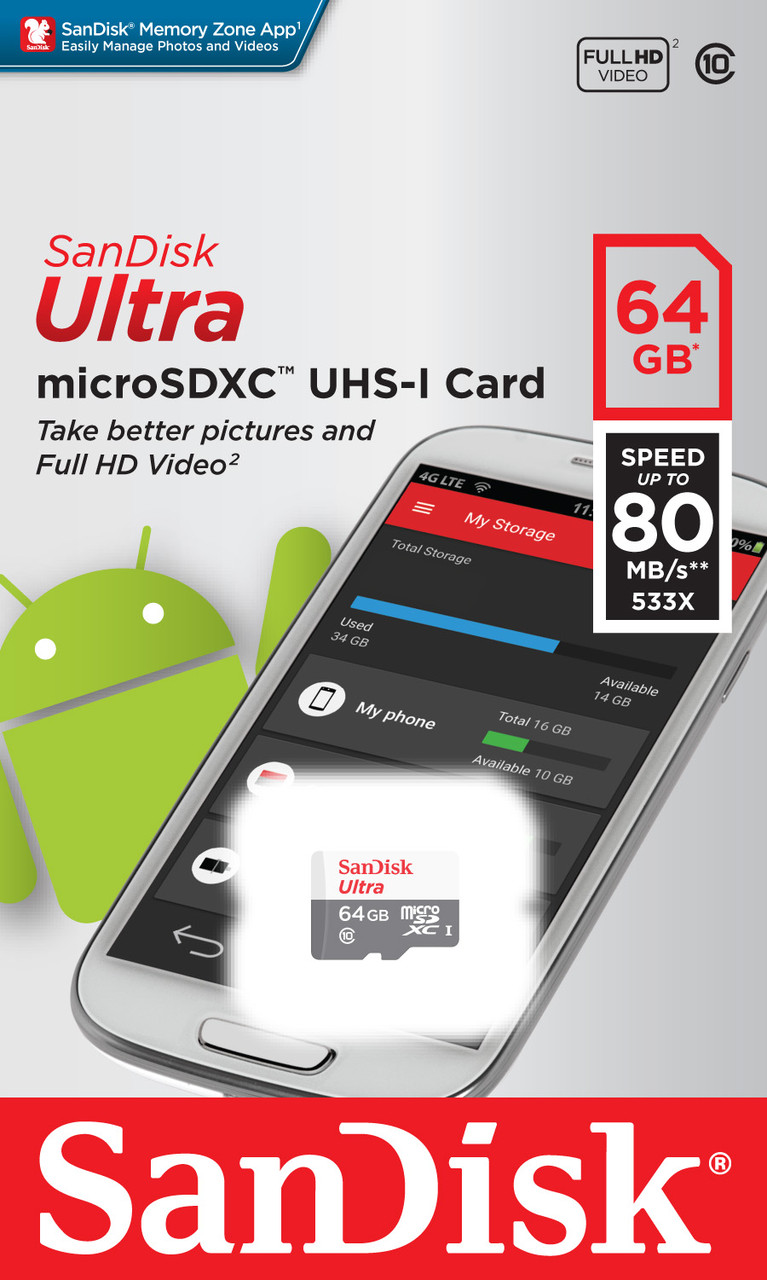 Карта памяти MicroSD 64GB Class 10 U1 SanDisk SDSQUNS-064G-GN3MN - фото 1 - id-p49101991