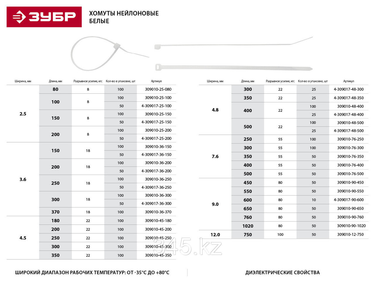 Кабельные стяжки белые КС-Б2, 2.5 х 150 мм, 50 шт, нейлоновые, ЗУБР - фото 2 - id-p22283697