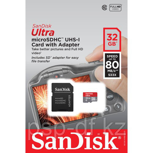 Карта памяти SanDisk Ultra microSDHC UHS-I 32Gb 80MB/s + SD adapter - фото 3 - id-p49331024