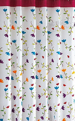 Штора для ванной 180 х 180 (ткань) цветы на белом фоне (красная полоса)