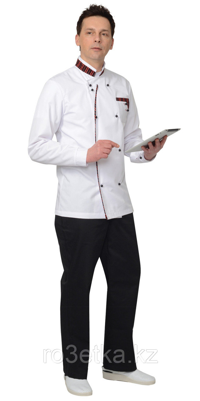 Китель "Мишлен"мужской белый с отделкой черно-красная полоска