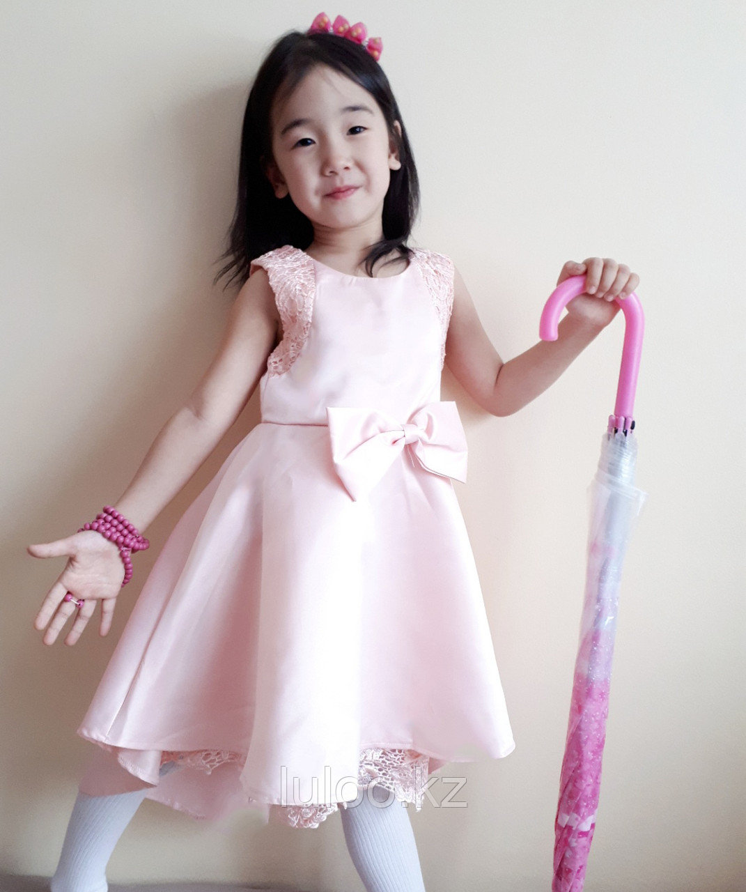 Платье с бантиком для девочки 8-12 лет, цвет розовый