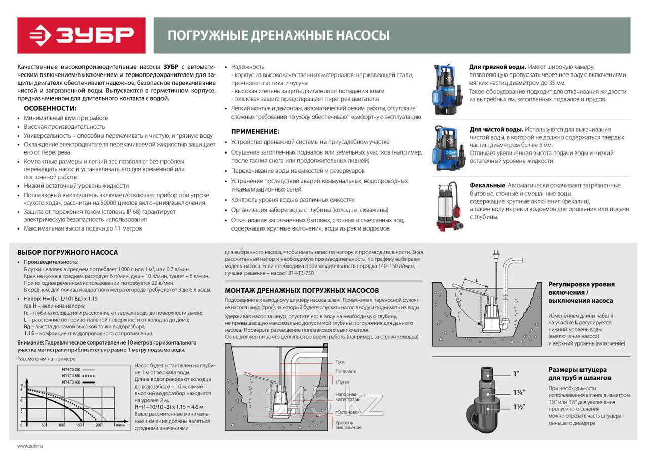 Насос фекальный погружной, ЗУБР НПФ-750, 750 Вт, пропускная способность 310 л/мин, напор 14 м, чугунный - фото 2 - id-p47470711